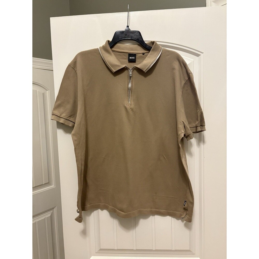 Boss Beige Short Sleeved Textured Knit Polo Shirt- XXL